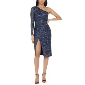 Betsy & Adam Sequined One Shoulder Midi Sheath Party Cocktail Dress Blue Size 10